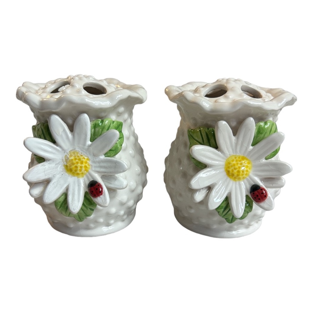2 Flower Vase Frogs Hobnail Daisy White Ceramic Wedding Table Decor Pen Holder